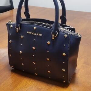 Michael Kors Navy Satchel with Gold Accents